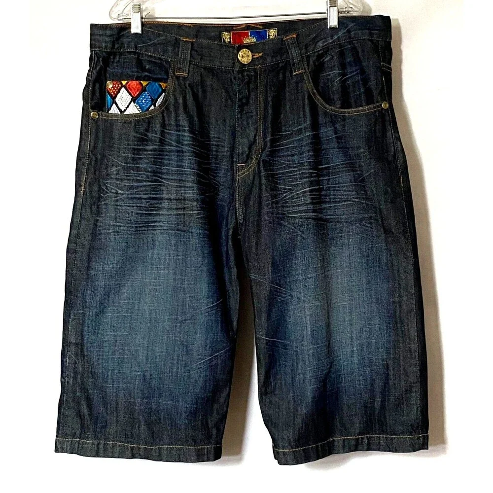 7th 38 Jean Shorts Mens Size 40 Blue Medium Wash Embroidered Gems Flaws Read